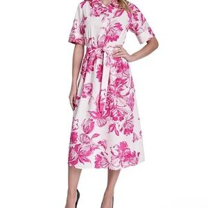 DKNY by Donna Karan White Midi Dress with Pink Floral Print and Waist Tie